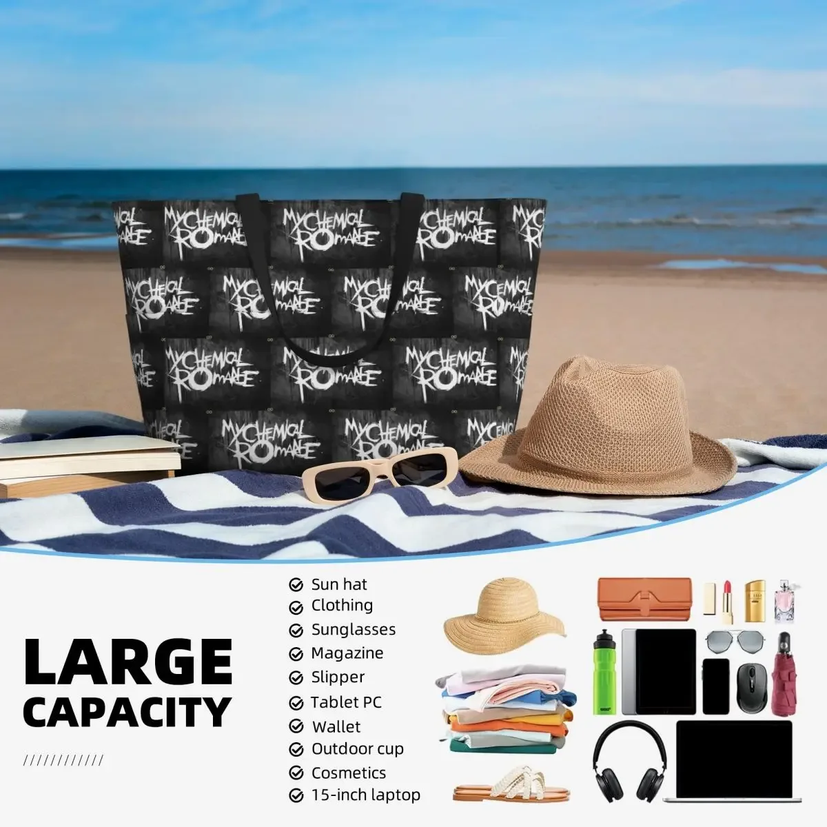 sac fourre-tout de plage mcr band punk rock my chemical romance, sac de sport, de yoga, grand sac fourre-tout pour femmes, sac de voyage, sac de fitness