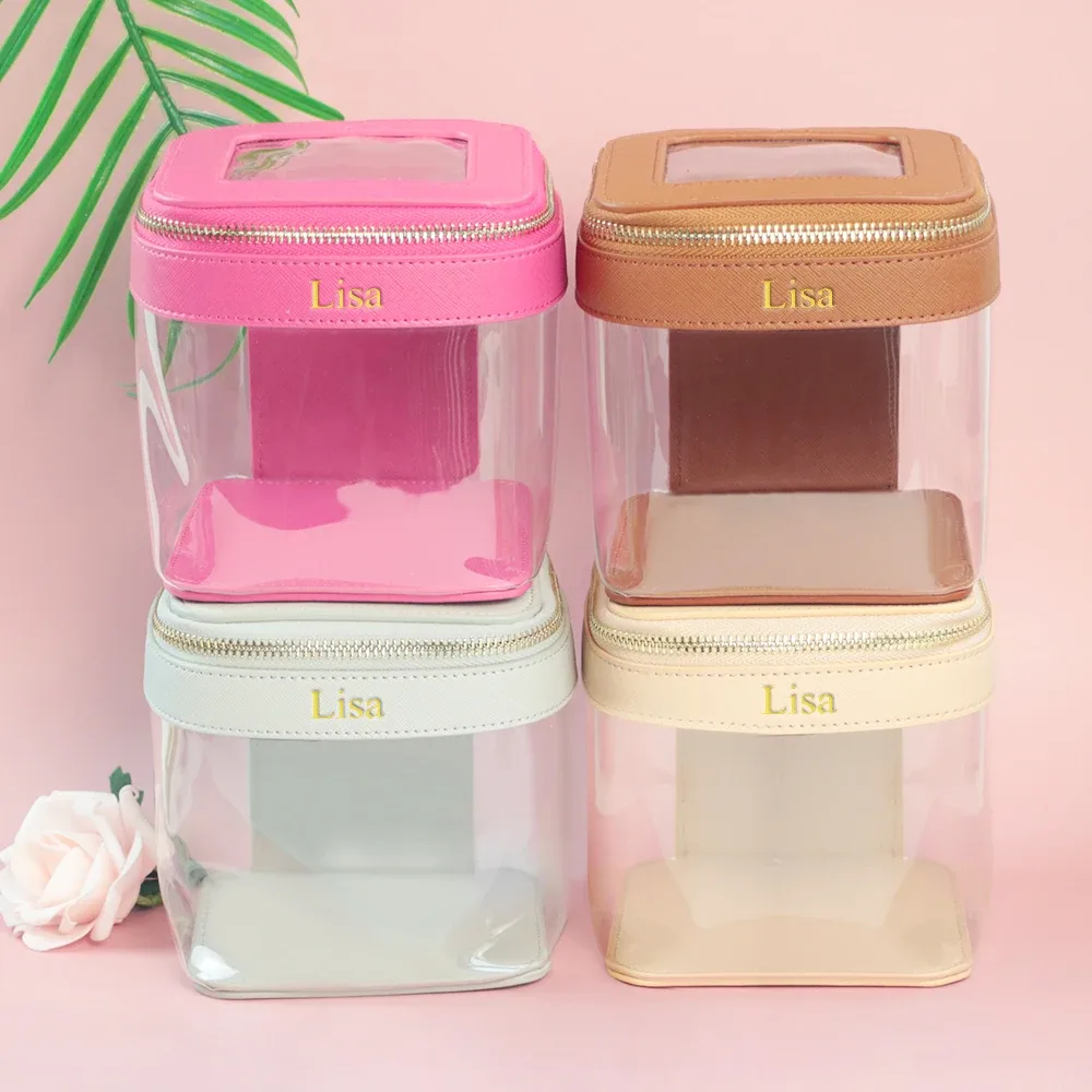 pochette de maquillage et trousse de toilette personnalisables avec nom, design transparent et visuel, grande capacité, portable pour les voyages