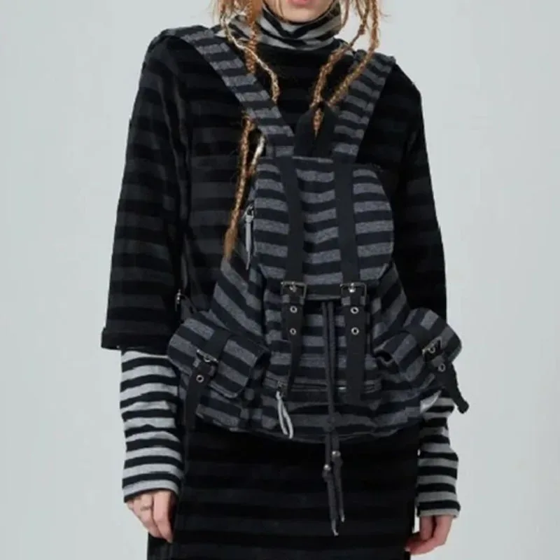 sac à dos rayé style coréen y2k décontracté avec cordon de serrage, grande capacité, polyvalent, pour étudiantes, filles et femmes, style kpop