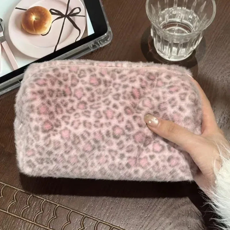 trousse de maquillage grande capacité imprimé léopard rose, organisateur cosmétique rose bleu, pochette de voyage pour filles