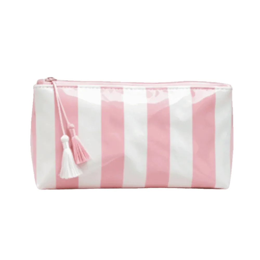 trousse de toilette imperméable rayée grande capacité en polyester avec doublure pvc, sac de rangement de plage simple avec pendentif pompon
