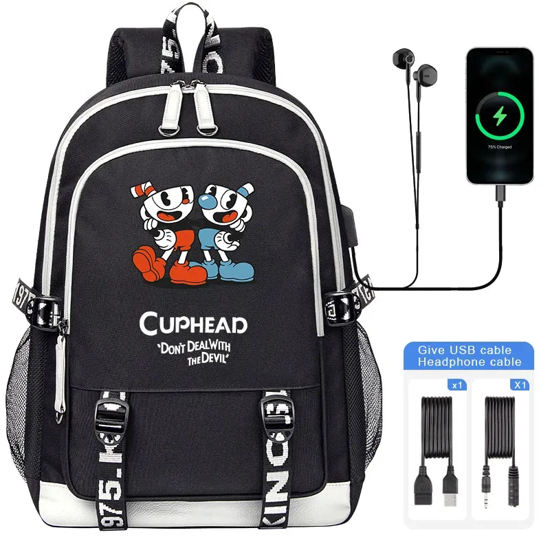 sacoche nylon illustrations cuphead dessin animé noir blanc gris ordinateur portable adolescents étudiants voyager capacité haute bandoulière souple