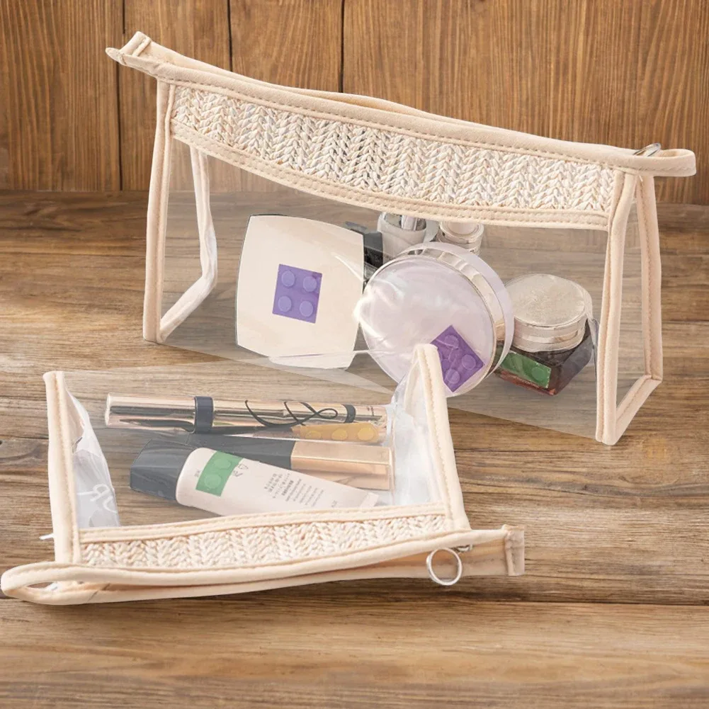 sac de toilette transparent portable, imperméable, élégant, en paille tressée, organiseur de maquillage de voyage, trousse de maquillage pour femmes