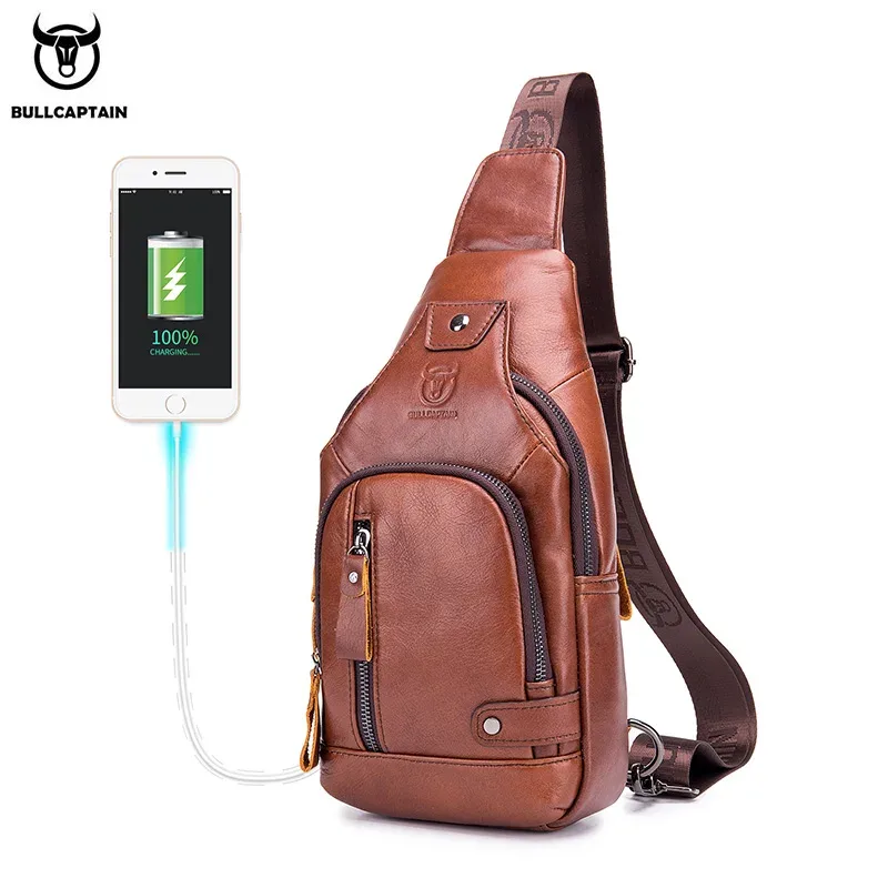 bullcaptain – sac de poitrine usb pour hommes, sacs à bandoulière 100% cuir véritable, sacoche multifonction de voyage et d'extérieur, sac messager à la mode
