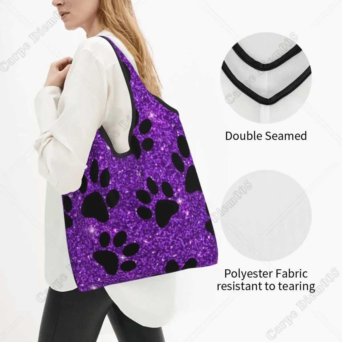 sac fourre-tout mignon pour femme, pattes de chien violet, sac de shopping pliant, travail de shopping, marche en plein air, mode sans fermeture à glissière, cuillère à soupe, rotterdam, kle