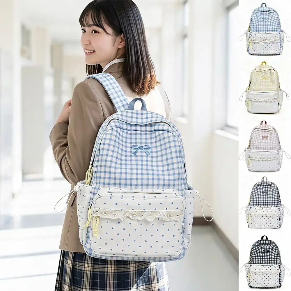 sac à dos tendance à pois, motif écossais, finition dentelle minimaliste, grande capacité, léger, pour étudiants, usage scolaire et voyage