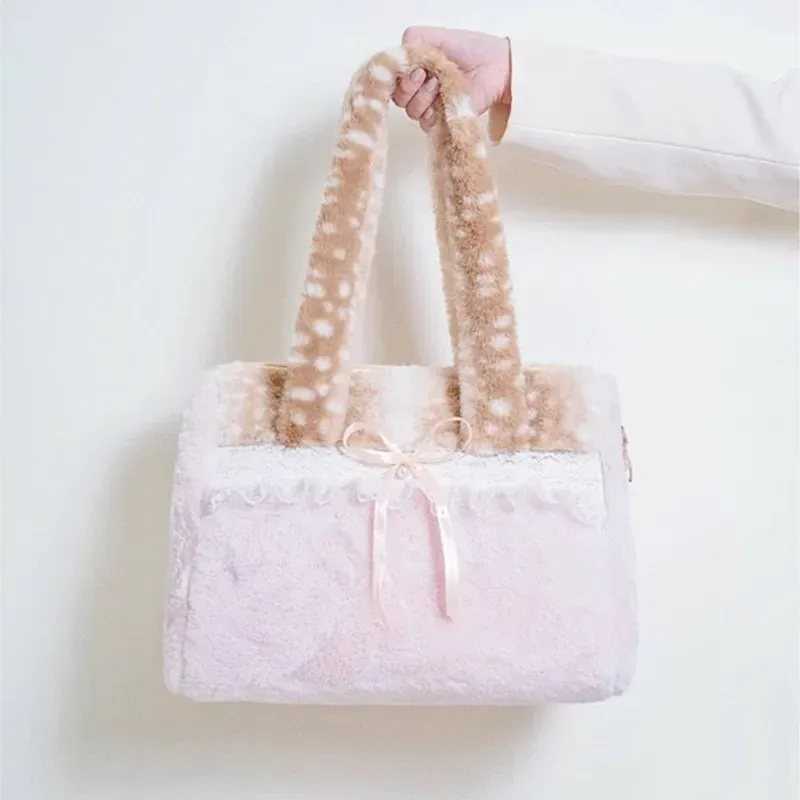 sac fourre-tout en peluche doux et mignon pour femmes, style ballet, dentelle, couleur contrastée, grande capacité, sacs à bandoulière, sacs à main polyvalents harajuku pour femmes