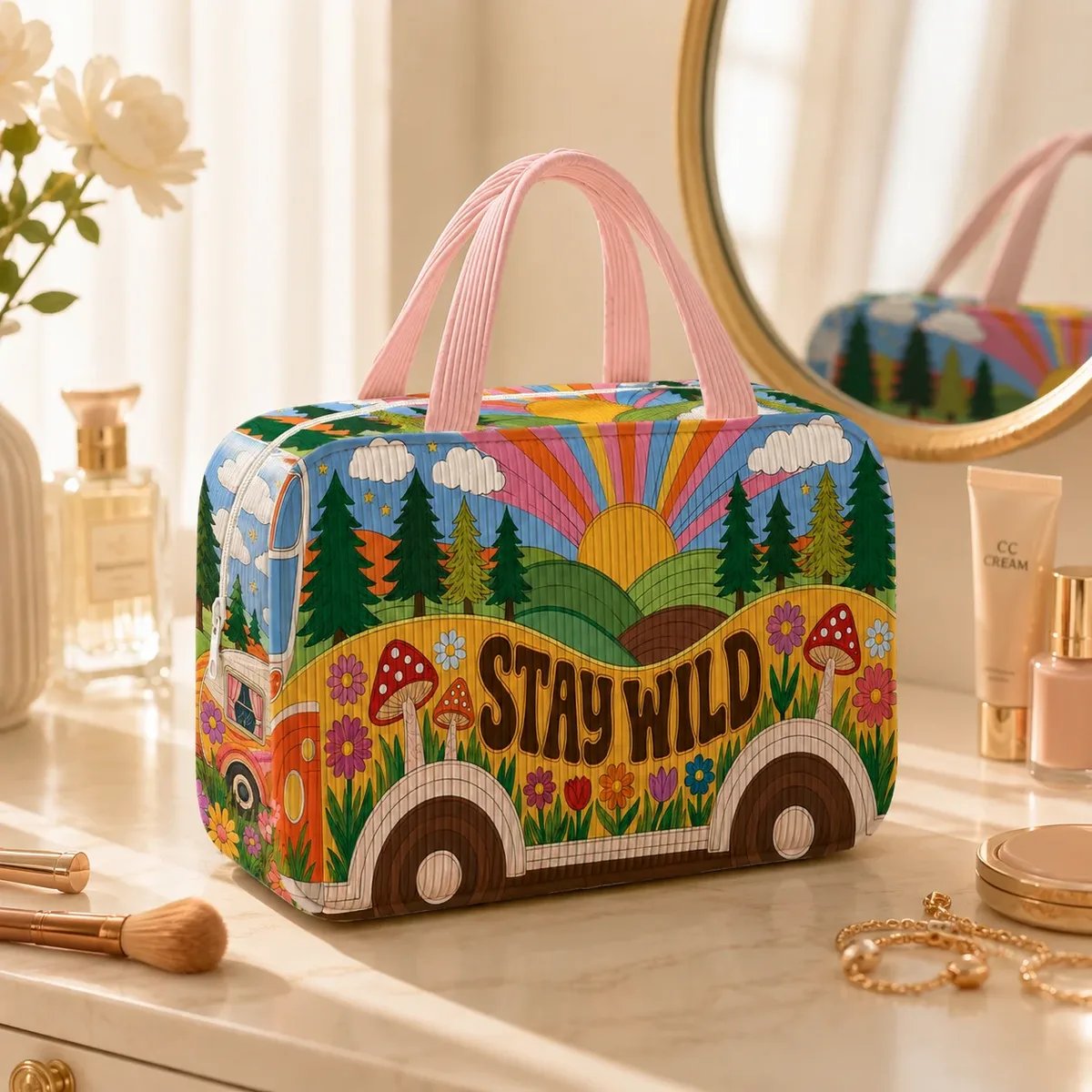 trousse de toilette de voyage rétro imprimée, organiseur de maquillage portable, étui de rangement pour produits de beauté, sac à main stay wild pour les vacances