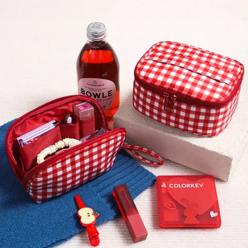 sac à main mignon à carreaux rouges et violets pour femmes, trousse de maquillage portable de voyage, petite et grande trousse de toilette cosmétique avec fermeture éclair
