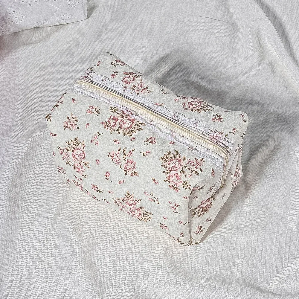pochette cosmétique en dentelle de coton à nœud papillon floral, pochette de rangement portable pour rouge à lèvres, fermeture éclair, pour femmes, trousse de toilette de voyage