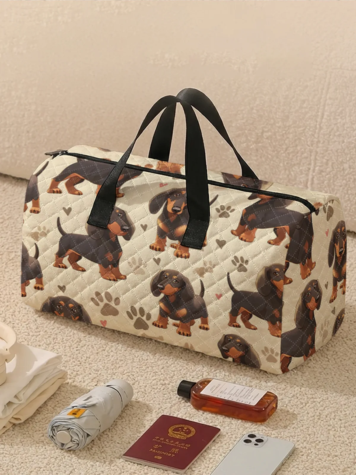 sac de sport portable avec imprimé cœur et patte de chien teckel mignon, 2 styles, 1 pièce, adapté aux voyages de week-end, aux sports et aux courses.