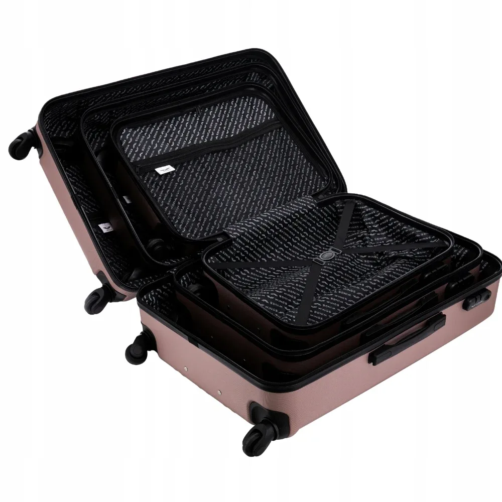 Ensemble de bagages WINGS 3 valises ABS + 28 "24" 20 " pouces / Bagages de voyage / Nettoyage facile / CRASH CASTLE / Poignées supplémentaires pratiques / TÉLESCOPIQUE GOVERNMENT, 4 roues 360° ° HARRIER Couleur champagne, bleu marine