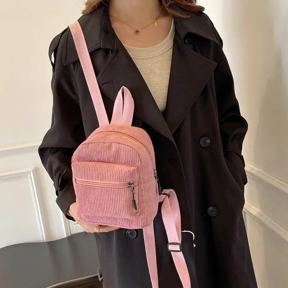 mini sac à dos polyvalent en velours côtelé de couleur unie, léger, avec fermeture éclair, double bandoulière, multi-poches, sac à dos vintage pour le quotidien et les voyages