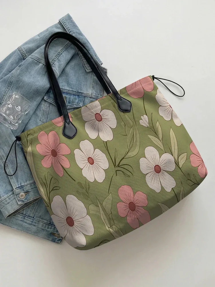 sac fourre-tout vintage à imprimé floral rose et blanc, grande capacité, sac à bandoulière en toile pour le shopping, les voyages et l'usage quotidien