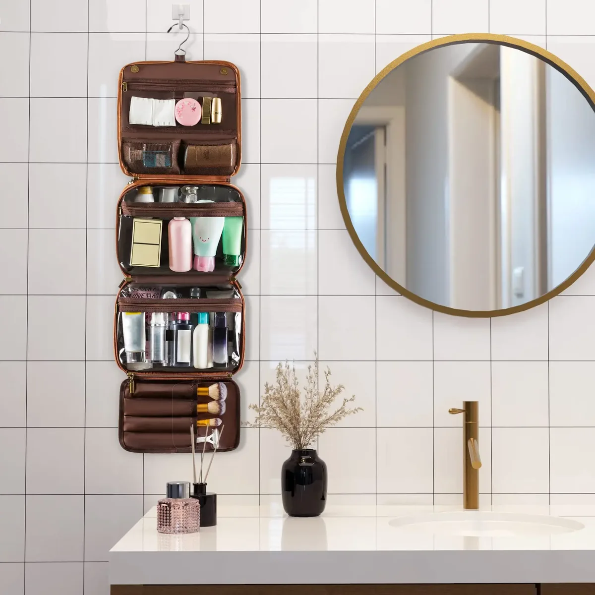trousse de maquillage de voyage pour femmes, grande capacité, organisateur de cosmétiques portable, sacs de toilette, porte-brosse sur pied vertical