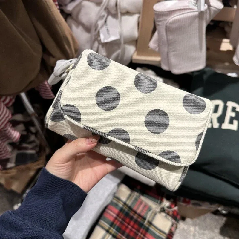 trousse de toilette coréenne en toile à pois rose tendance avec miroir rabattable, sac de voyage portable à fermeture éclair pour cosmétiques, cadeau mignon pour fille