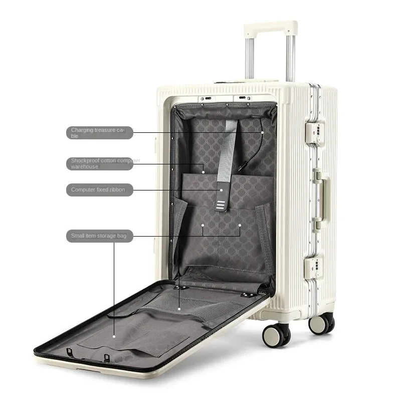valise aluminium frame trolley rolling bagage beige bleu noir marron usb cup holder grande capacité voyage