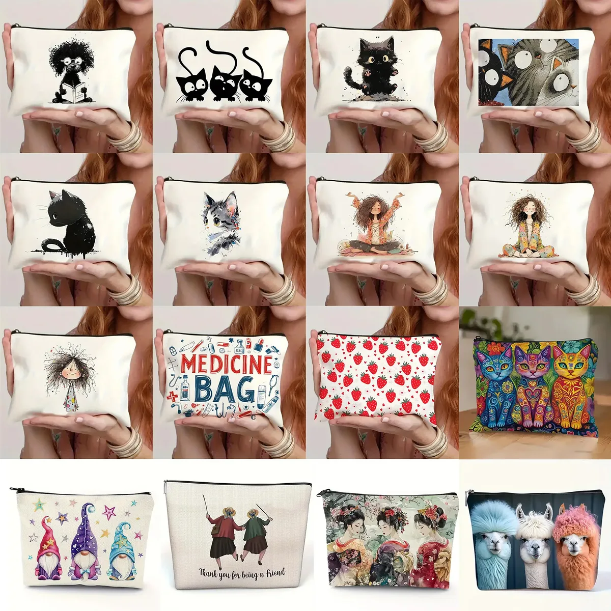 chat, fraise fille, motif d'amitié, sac de voyage, sac à fermeture éclair en polyester imperméable, cosmétiques, accessoires