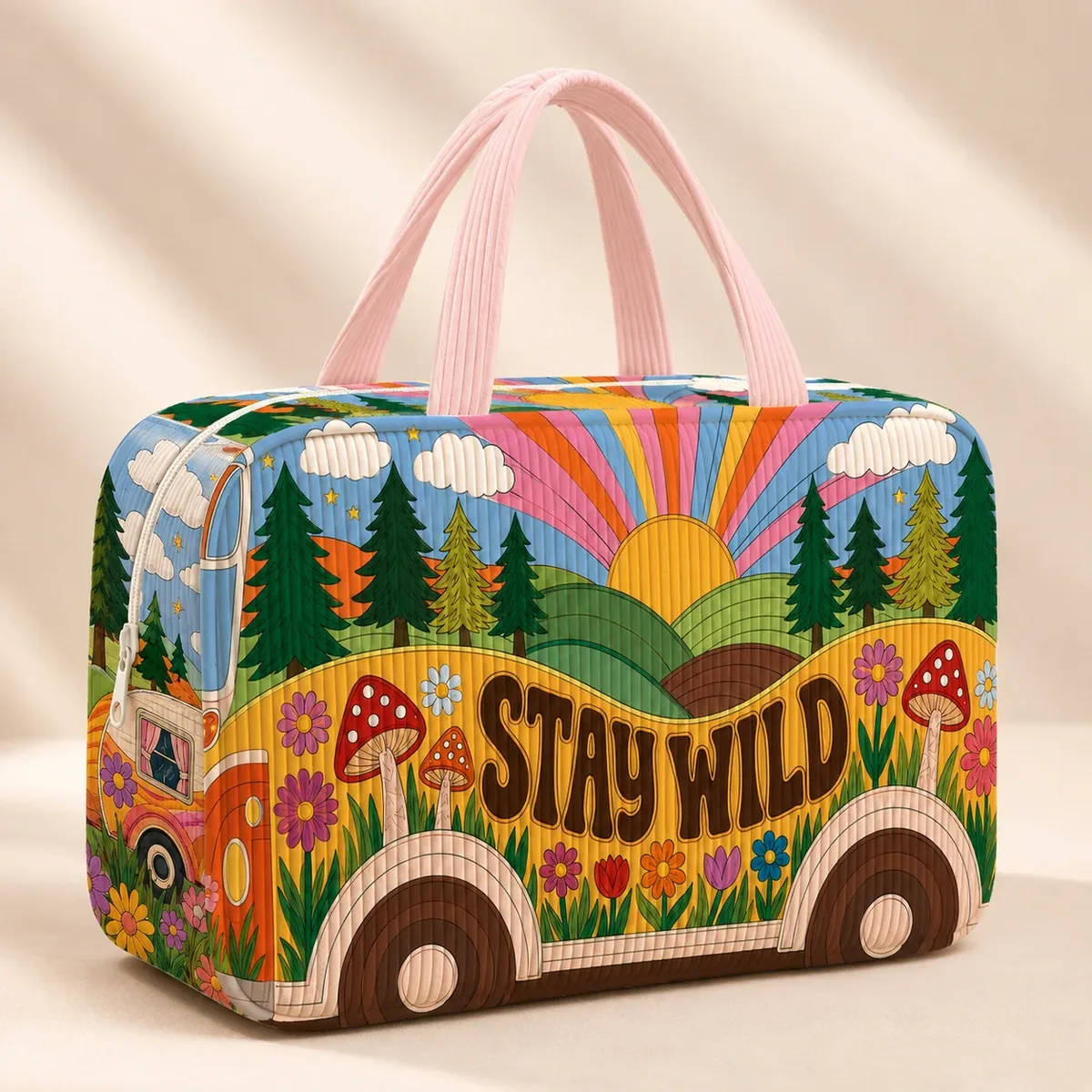 trousse de toilette de voyage rétro imprimée, organiseur de maquillage portable, étui de rangement pour produits de beauté, sac à main stay wild pour les vacances