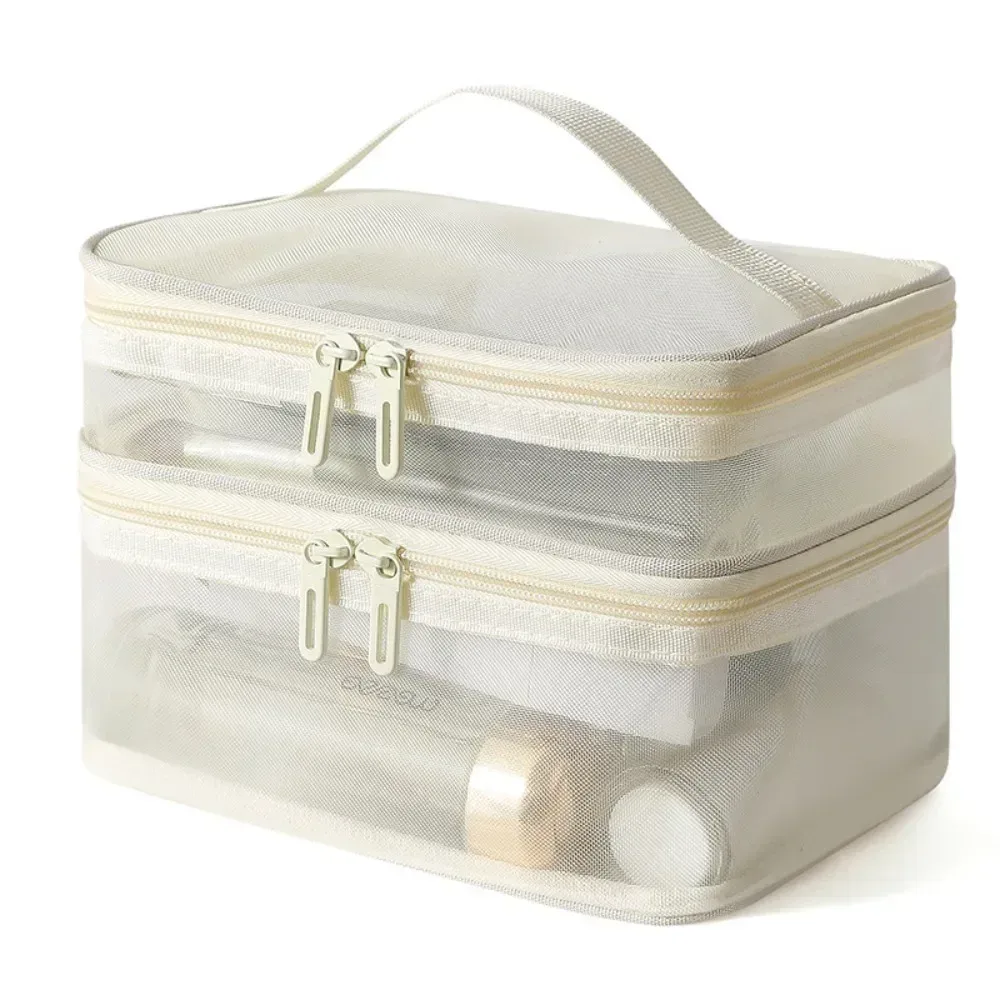 sac de voyage en maille transparente pour femmes, sac de rangement pour cosmétiques, trousse de toilette à 2 couches, sac de rangement de grande capacité pour maquillage