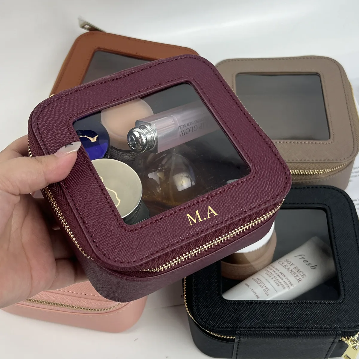 trousse de toilette de voyage en cuir saffiano pour femmes, nom personnalisé gratuit, organisateur de maquillage, sac à cosmétiques pour femmes