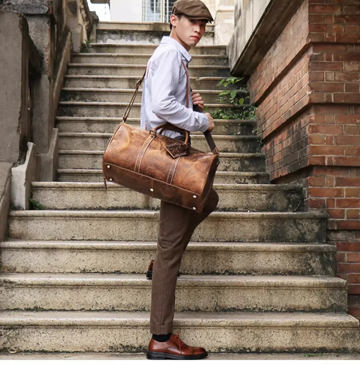 luokir-sac fourre-tout vintage en cuir gaufré, grande capacité, cuir véritable, sac de voyage à court terme pour vêtements et bagages, sac de sport
