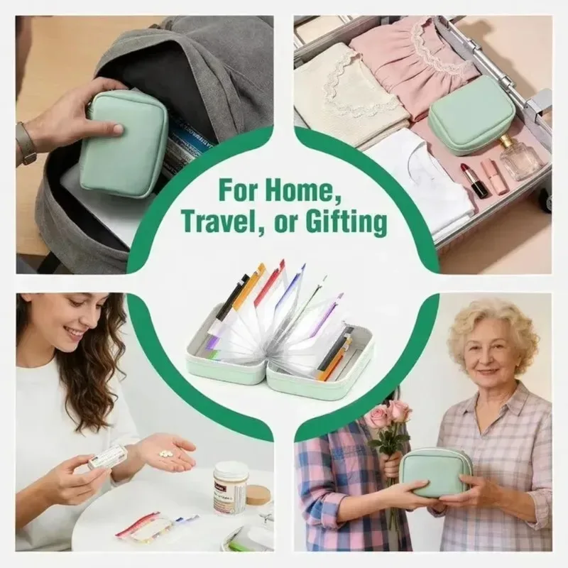 organisateur voyage pilules pochettes transparents bandes couleur assortie boîte vert pastel fermeture glissière noire imperméable