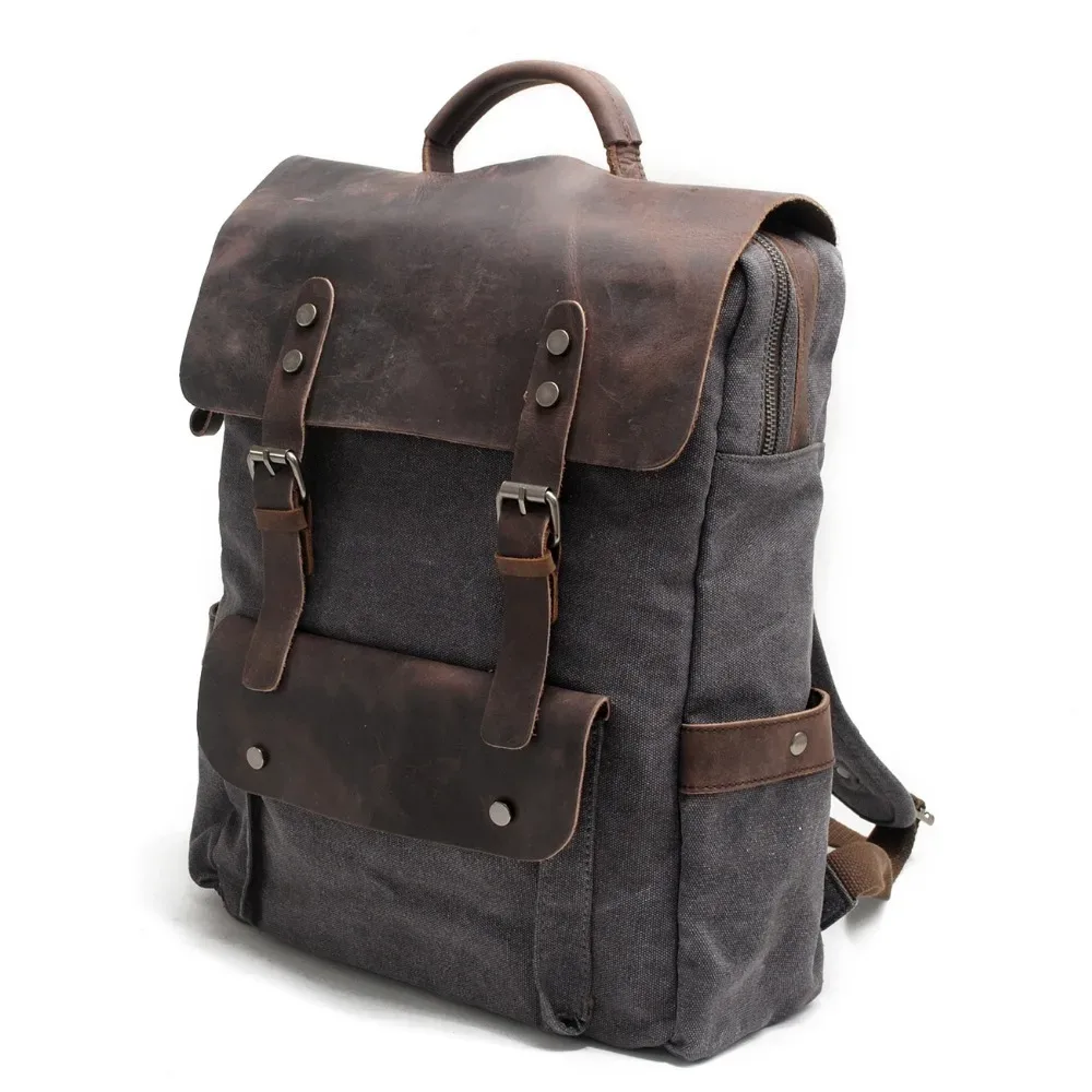 sac à dos pour ordinateur portable en toile cirée pour homme, sac à dos vintage en toile, sac d'école en cuir, sac de voyage neutre portable et résistant à l'usure