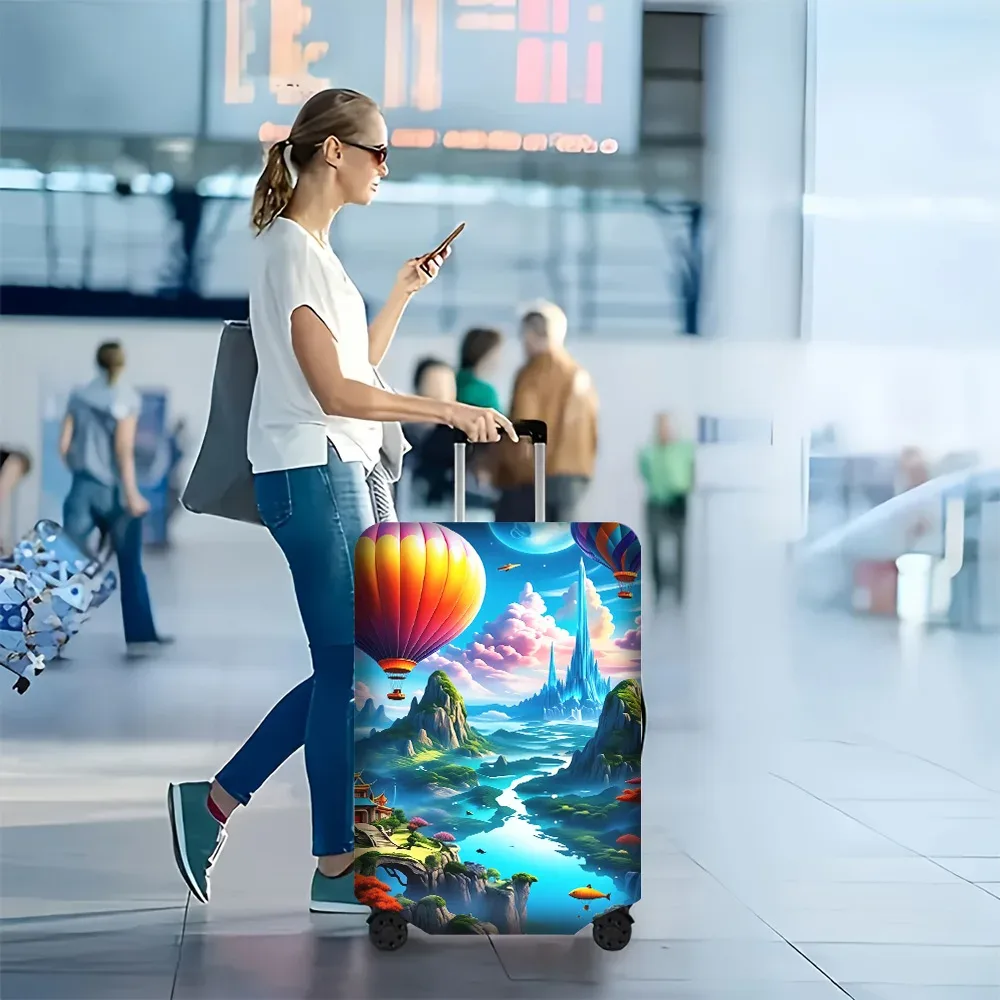 housse valise polyester motif montgolfières nuages roses lune paysage nuit protection voyage noir bleu gris