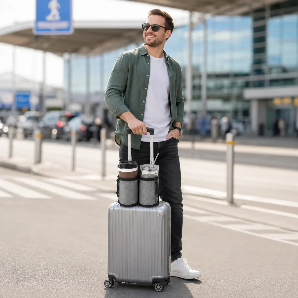 porte-gobelet de voyage pour bagages, support de boisson pour poignée de valise, manchon à double poche en polyester pour l'aéroport, les voyages et le rangement quotidien