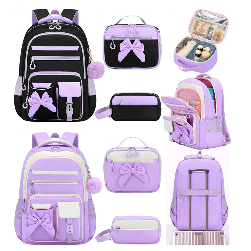 ensemble de 3 sacs à dos scolaires élémentaires grande capacité mignons pour filles du collège avec trousse et boîte à lunch
