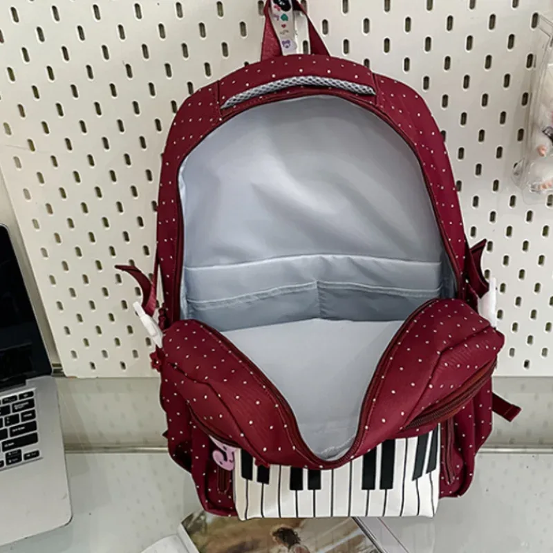 sac à dos d'étudiant grande capacité, sac à bandoulière double, imprimé à pois clavier de piano, sac de voyage scolaire, style coréen vintage