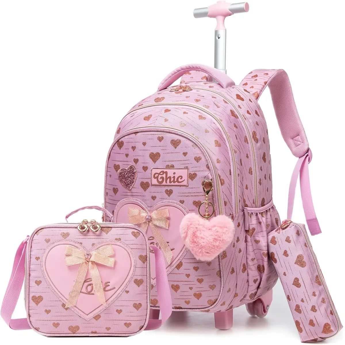 Sac à dos à roulettes avec ruban nœud papillon pour enfants, sacs à dos mignons pour filles, sac à roulettes pour élèves du primaire