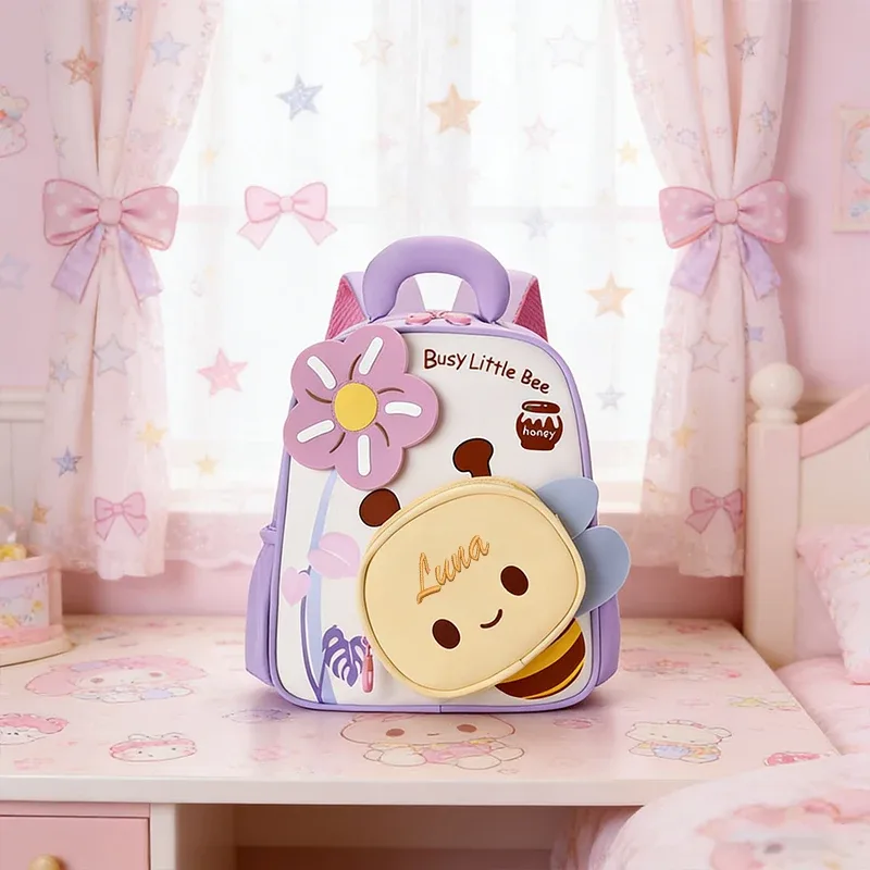 sac dos polyester rose motifs abeilles fleurs enfants double bandoulière grande capacité voyager école