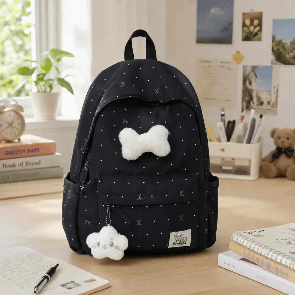 sac à dos tendance léger à pois avec nœud, respirant, pour étudiants, durable, décontracté, grande capacité, pour l'école et les voyages