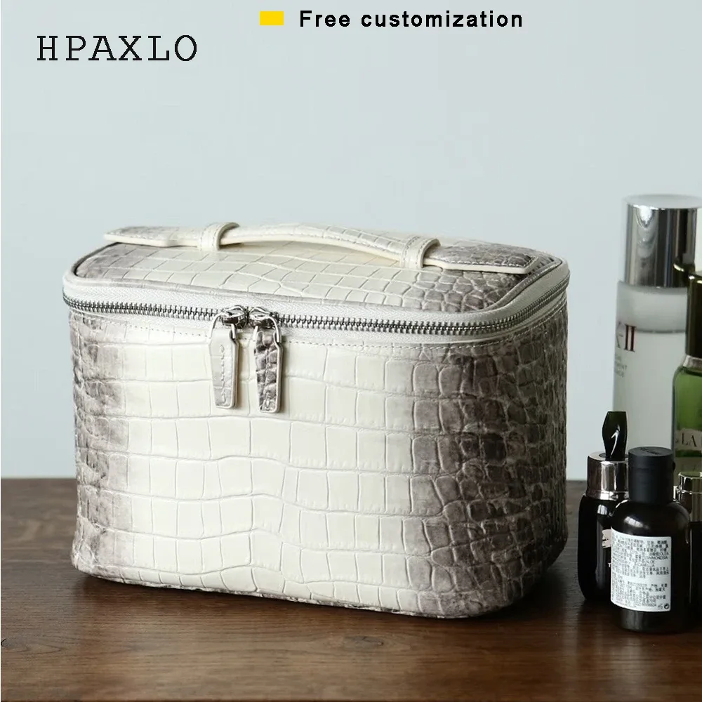 sac de maquillage en cuir de vachette à motif crocodile, nouveau, avec initiales gratuites, sac de toilette portable de voyage, grande capacité, sac de rangement pour cosmétiques