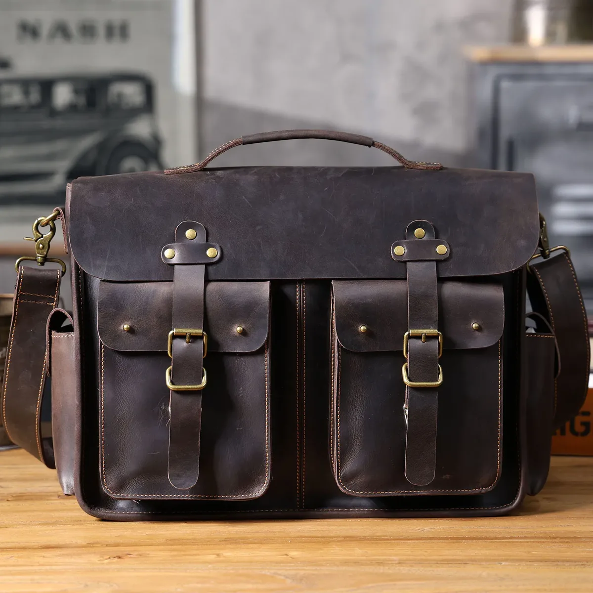 vintage haute qualité cheval fou peau de vache hommes grand porte-documents voyage décontracté luxe à la main en cuir véritable sac à main pour ordinateur portable