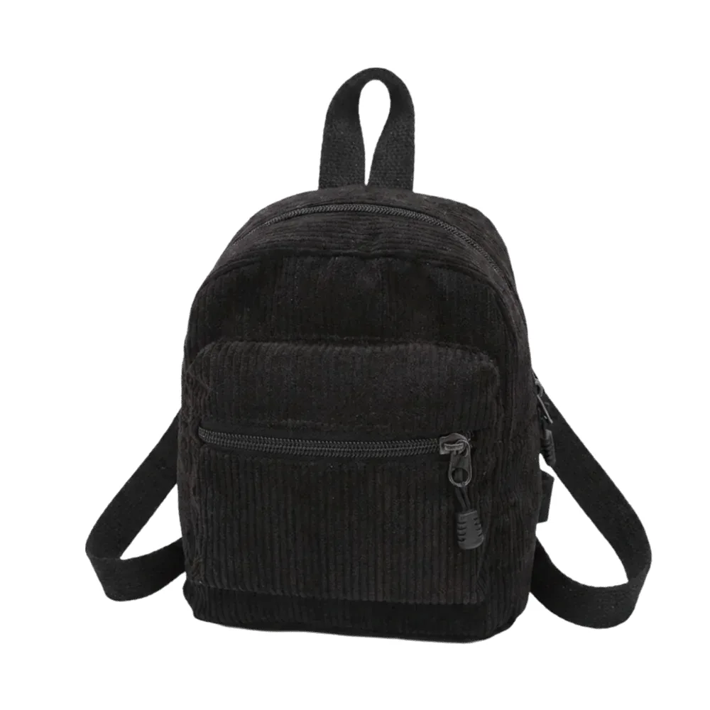 mini sac à dos en velours côtelé de couleur unie, style coréen, léger, avec fermeture éclair, sac à bandoulière double, sac à dos vintage portable pour les voyages quotidiens