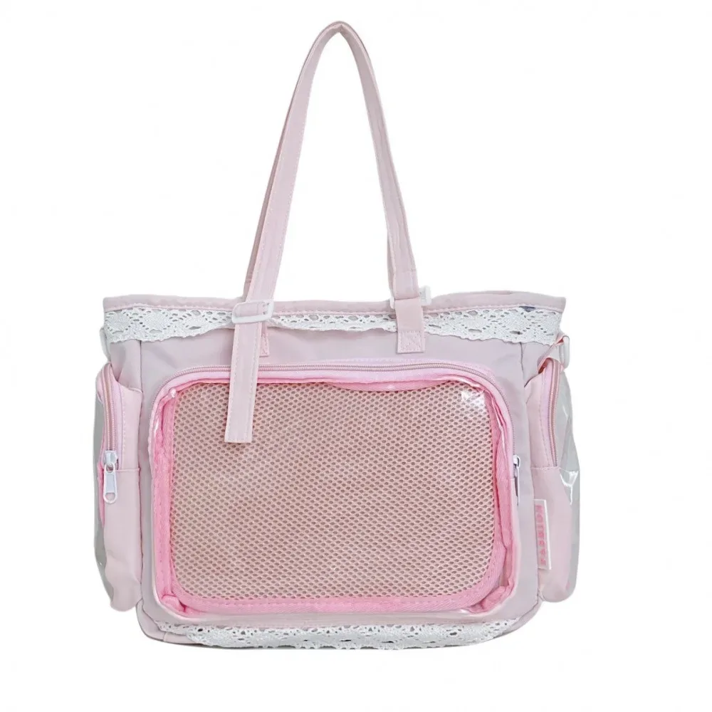 sac fourre-tout ita bag kawaii jaune en dentelle, grande capacité, avec fenêtre transparente pour l'affichage des badges anime, sac à bandoulière lolita mignon pour com