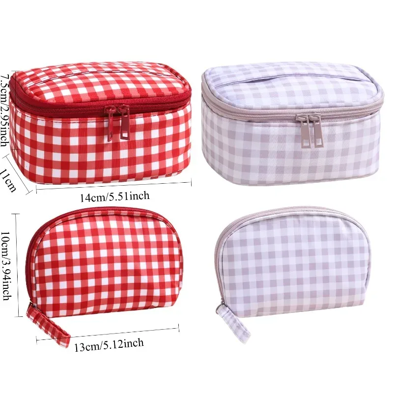 sac à main mignon à carreaux rouges et violets pour femmes, trousse de maquillage portable de voyage, petite et grande trousse de toilette cosmétique avec fermeture éclair
