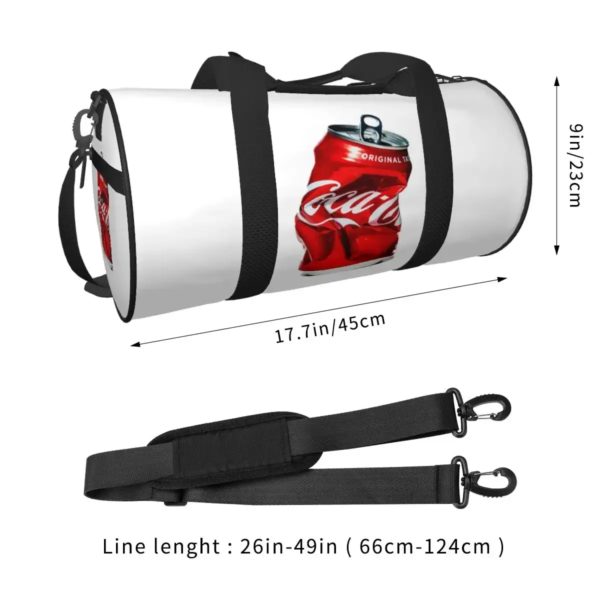sac voyage polyester motif canette rouge coca cola format ovale poignée bandoulière ajustable usage sport week end