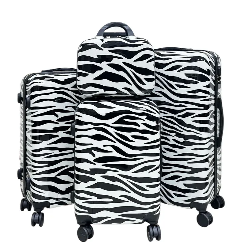 valise ensemble plastique zébré noir blanc roulettes poignée voyage famille grande taille transport affaires week end
