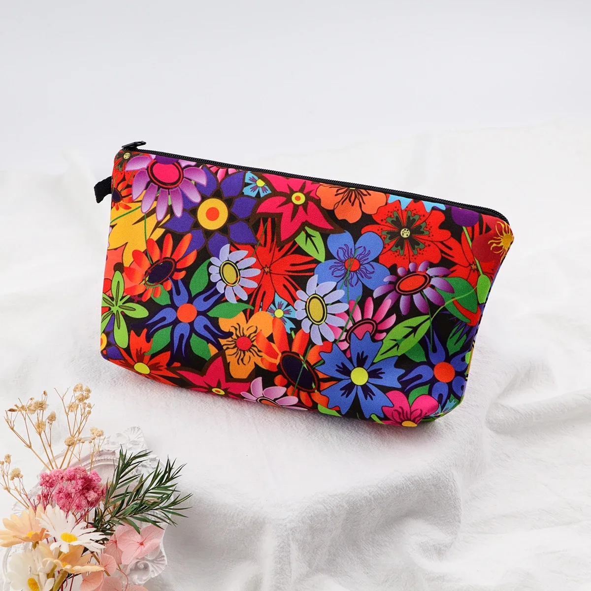 sac de maquillage à fermeture éclair série fleur pour femmes, pochette de rangement de voyage portable, sac de rouge à lèvres de voyage, trousse de maquillage, sacs pour pinceaux cosmétiques
