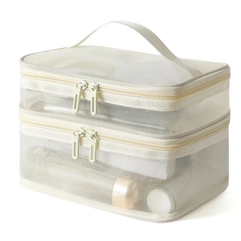 sac de rangement portable à 2 couches en maille avec fermeture éclair, trousse de maquillage à main, sac de voyage pliable transparent, pochette de toilette grande capacité