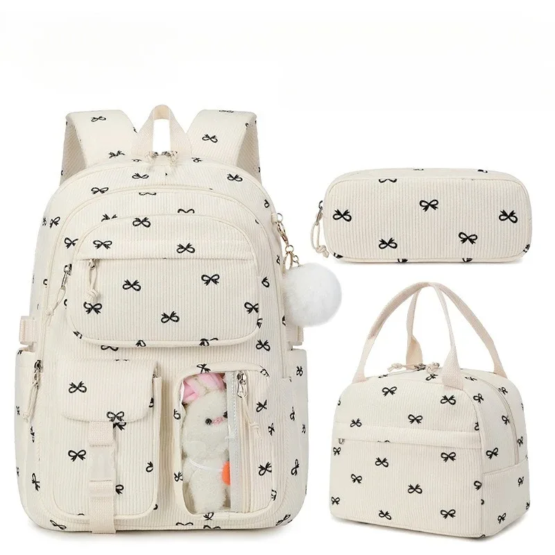 sac à dos scolaire en velours côtelé 3 pièces/ensemble avec sac à déjeuner et trousse à crayons, sac à dos mignon pour filles, sac à dos à motif fraise pour adolescentes et femmes