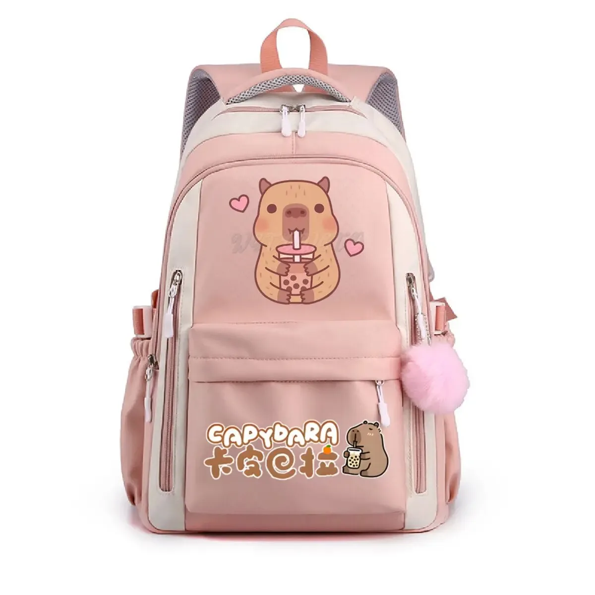 sac dos nylon dessin animé capybara pompon bandes colorées bleu clair rose violet décontracté ordinateur poches ouvertes