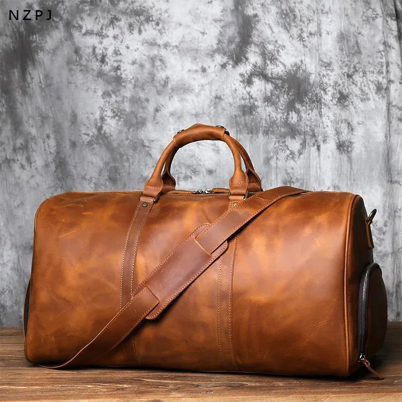 nzpj – sac à main rétro en cuir de cheval fou pour hommes, sac de voyage de grande capacité, sac à bandoulière avec couche supérieure en cuir de vache