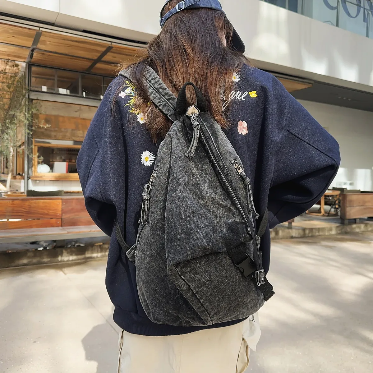 sacs à dos en denim vintage délavé au design irrégulier pour femme, pour les voyages en plein air, décontractés, légers, pour l'école