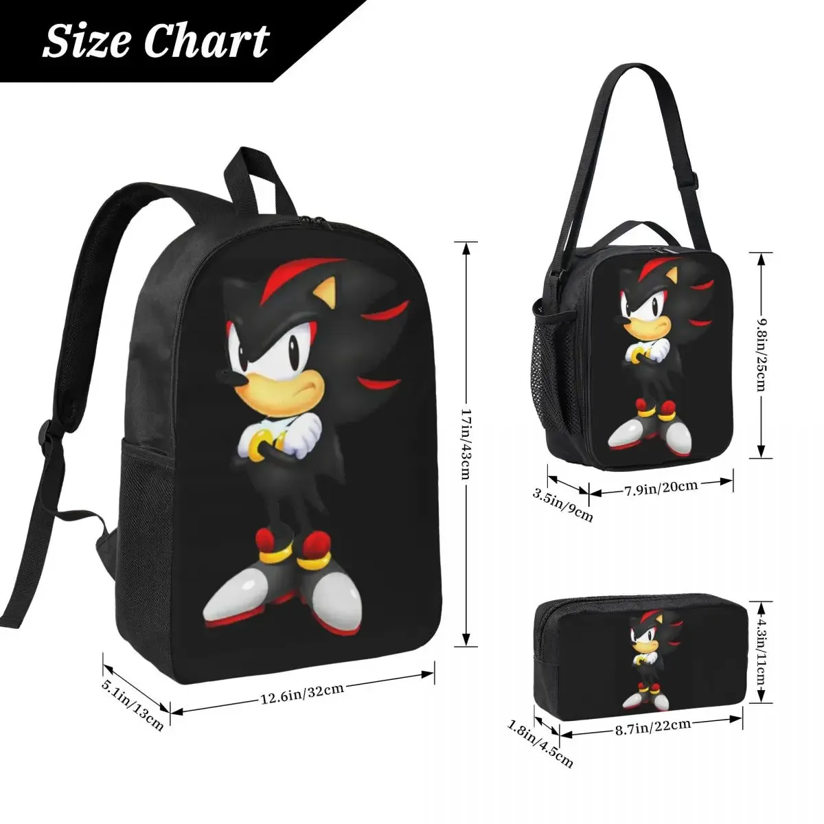 Sac à dos Shadow The Hedgehog pour garçons et filles, sac d'école, sacs à bandoulière pour ordinateur, sac à déjeuner isotherme 3ps, trousse à crayons