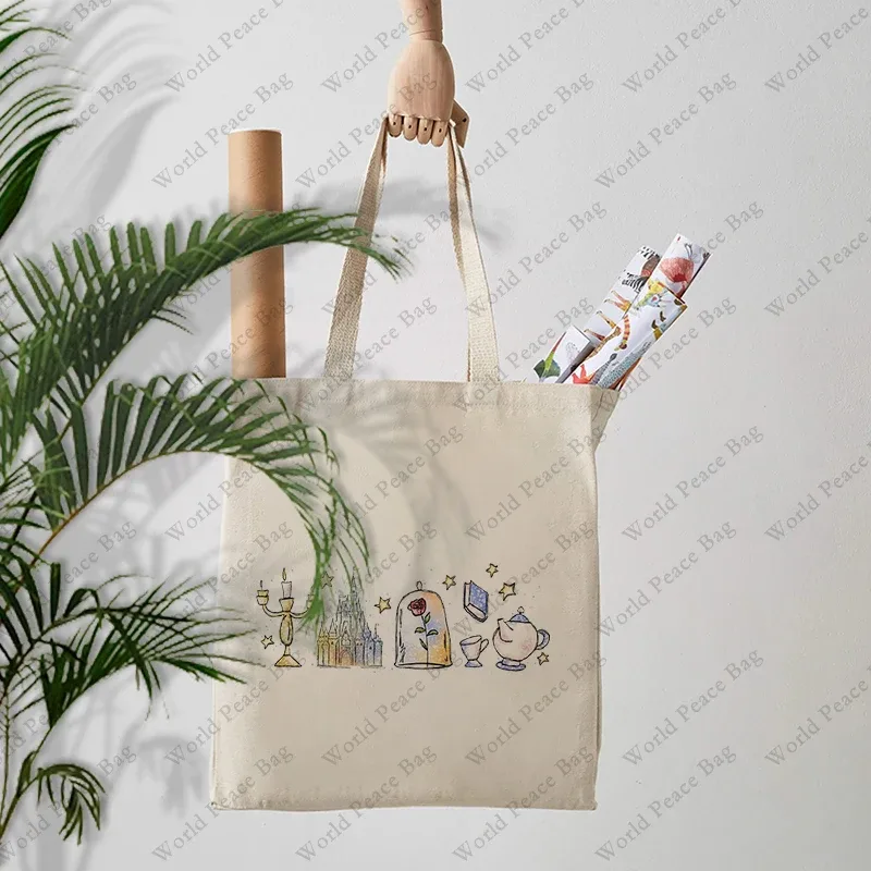 sac fourre-tout en toile à motif princesse, motif "une histoire aussi ancienne que le temps", sac à bandoulière pour les voyages et les trajets quotidiens, sac de shopping réutilisable pour femmes.